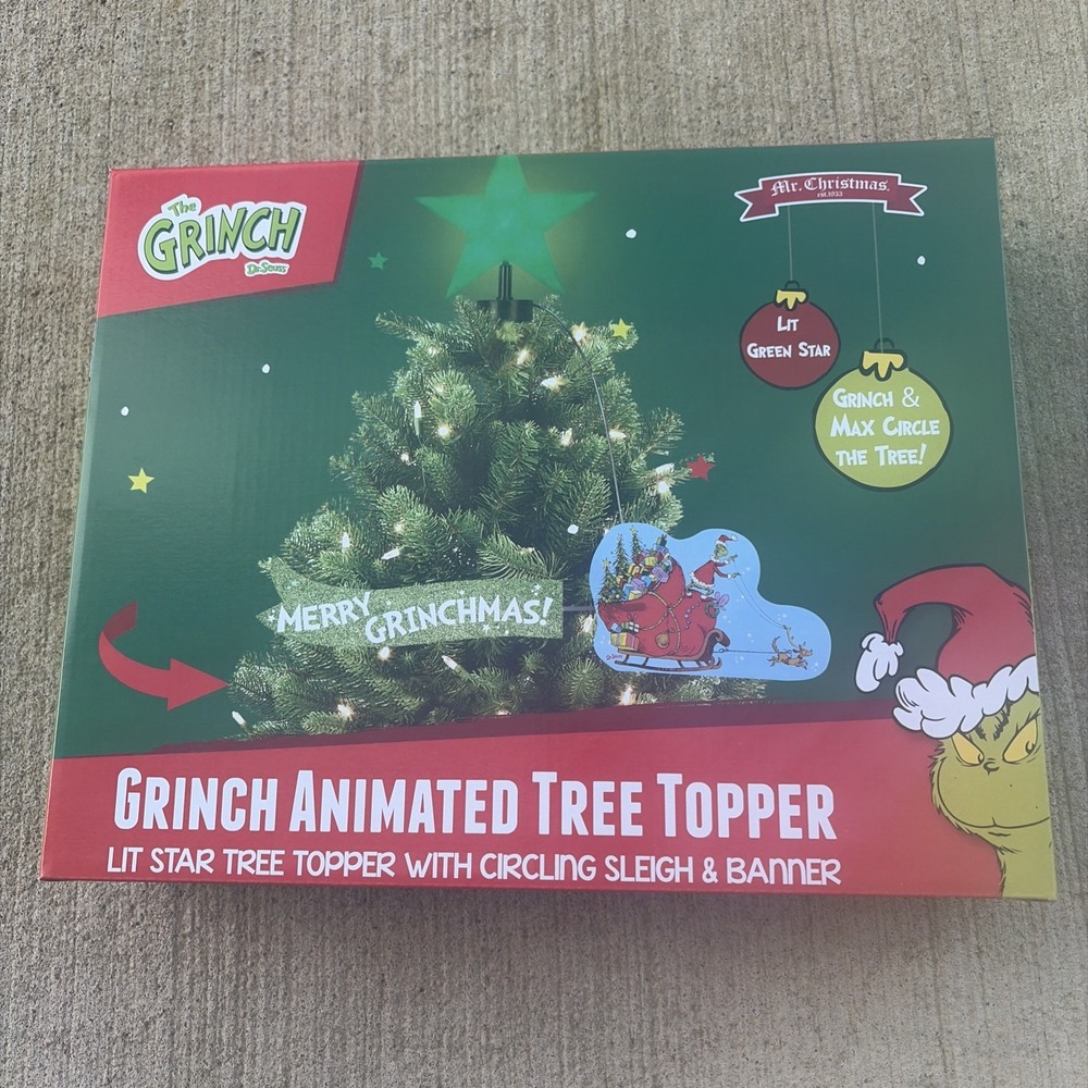The Grinch Christmas LED Star & Animated Circling Sleigh And Banner Tree Topper